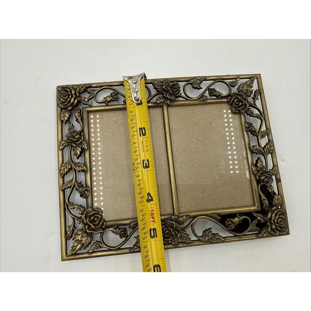 Vintage Brass Rose Picture Frame Ornate Floral Victorian Tabletop